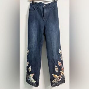 Soft Surroundings 14P Embroidered Beaded Hem Jeans | Floral Denim | Petite Fit